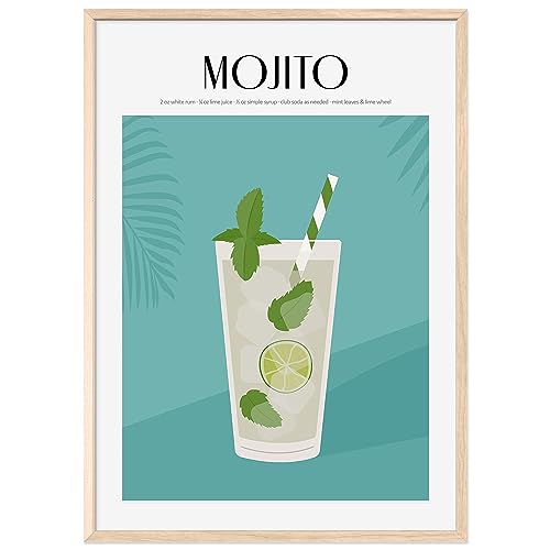 JUNOMI® Mojito Poster DIN A2, Cocktail, Longdrink, Bar, Getränke, Cocktail Set | mit Rahmen Natur von JUNOMI