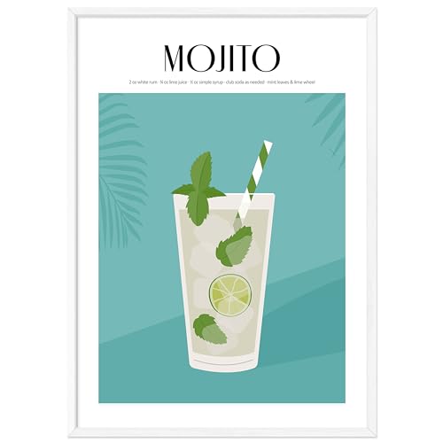 JUNOMI® Mojito Poster DIN A3, Cocktail, Longdrink, Bar, Getränke, Cocktail Set | mit Rahmen Weiß von JUNOMI