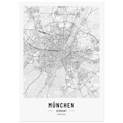 JUNOMI® München Poster DIN A3 Wohnzimmer Deko, Modernes Wandbild, München Bild, Wandbild ohne Rahmen, Stadtplan Poster München, perfekte Geschenkidee für Münchener von JUNOMI
