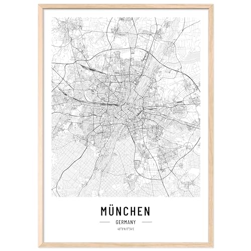 JUNOMI® München Poster XL mit Rahmen Natur, DIN A2 Wohnzimmer Deko, Modernes Wandbild, München Bild, Wandbild mit Rahmen, Stadtplan Poster München, perfekte Geschenkidee für Münchener von JUNOMI