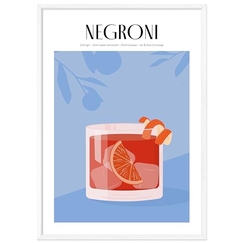 JUNOMI® Negroni Poster 50x70 cm, Cocktail, Longdrink, Bar, Getränke, Cocktail Set | Mit Rahmen Weiß von JUNOMI