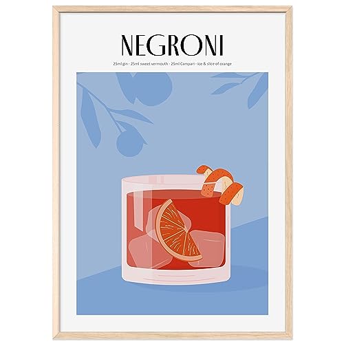 JUNOMI® Negroni Poster DIN A2, Cocktail, Longdrink, Bar, Getränke, Cocktail Set | Mit Rahmen Natur von JUNOMI