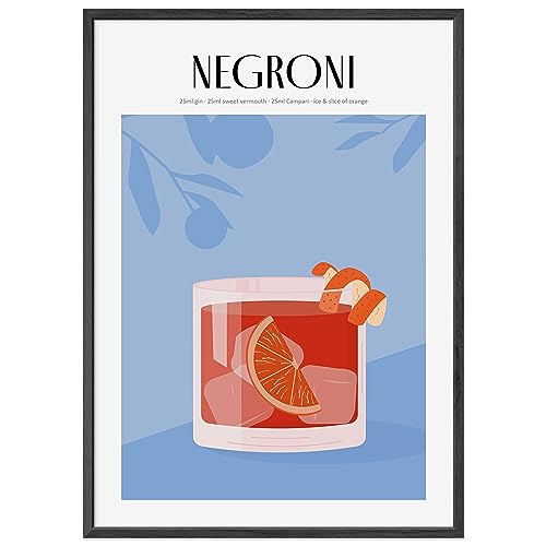 JUNOMI® Negroni Poster DIN A2, Cocktail, Longdrink, Bar, Getränke, Cocktail Set | Mit Rahmen Schwarz von JUNOMI