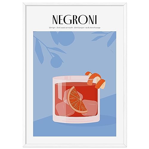 JUNOMI® Negroni Poster DIN A2, Cocktail, Longdrink, Bar, Getränke, Cocktail Set | Mit Rahmen Weiß von JUNOMI