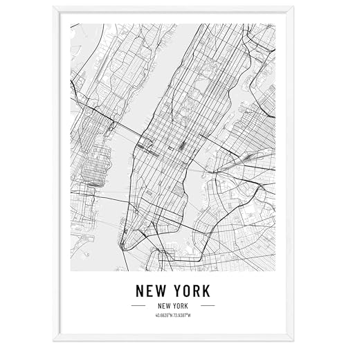JUNOMI® New York Poster 50x70 cm mit Rahmen Weiß, Wohnzimmer Deko, Modernes Wandbild, New York Bild, Wandbild mit Rahmen, Stadtplan Poster New York, perfekte Geschenkidee für New Yorker von JUNOMI