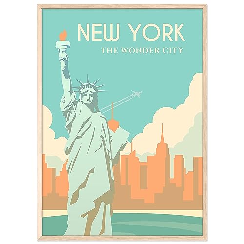 JUNOMI® New York Poster DIN A2 | Wohnzimmer Deko, Modernes Wandbild, USA Bild, Reiseposter, New York Wandbild | Mit Rahmen Natur von JUNOMI