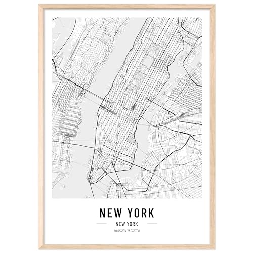 JUNOMI® New York Poster XL mit Rahmen Natur, DIN A2 Wohnzimmer Deko, Modernes Wandbild, New York Bild, Wandbild mit Rahmen, Stadtplan Poster New York, perfekte Geschenkidee von JUNOMI