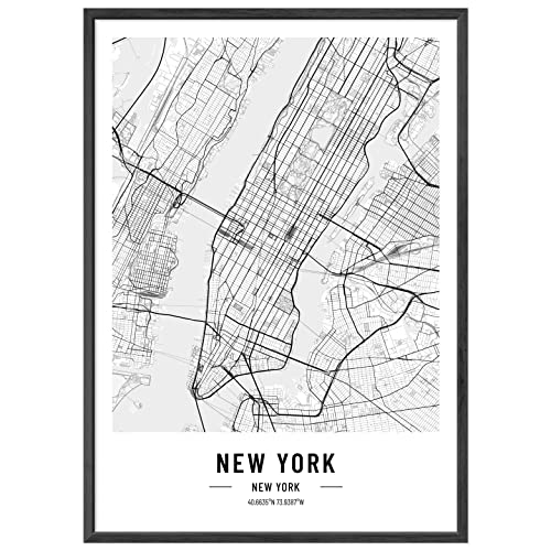 JUNOMI® New York Poster XL mit Rahmen Schwarz, DIN A2 Wohnzimmer Deko, Modernes Wandbild, New York Bild, Wandbild mit Rahmen, Stadtplan Poster New York, perfekte Geschenkidee von JUNOMI