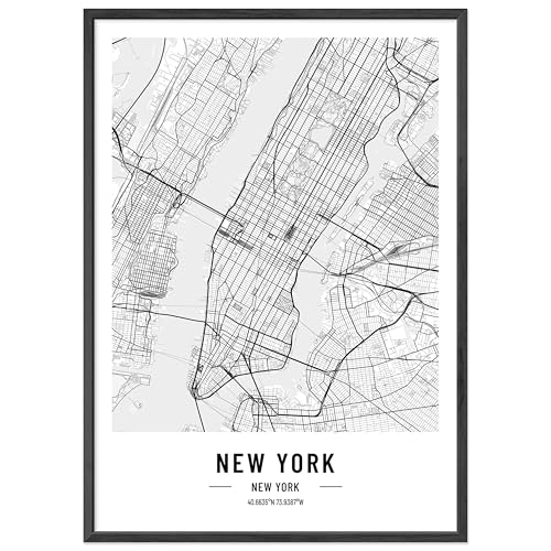 JUNOMI® New York Poster XL mit Rahmen Schwarz, DIN A2 Wohnzimmer Deko, Modernes Wandbild, New York Bild, Wandbild mit Rahmen, Stadtplan Poster New York, perfekte Geschenkidee von JUNOMI