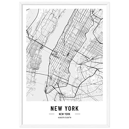 JUNOMI® New York Poster XL mit Rahmen Weiß, DIN A2 Wohnzimmer Deko, Modernes Wandbild, New York Bild, Wandbild mit Rahmen, Stadtplan New York von JUNOMI