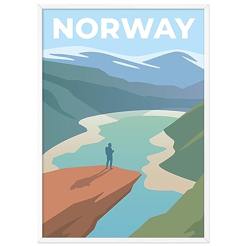 JUNOMI® Norwegen Poster DIN A2 | Wohnzimmer Deko, Modernes Wandbild, Norwegen Bild, Reiseposter, Norwegen Wandbild | Mit Rahmen Weiß von JUNOMI