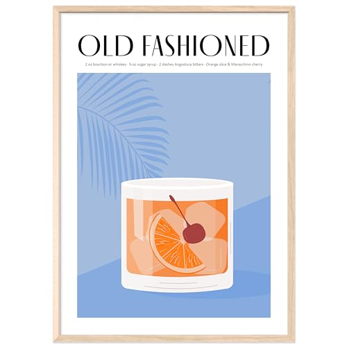 JUNOMI® Old Fashioned Poster 50x70 cm, Cocktail, Longdrink, Bar, Getränke, Cocktail Set | Mit Rahmen Natur von JUNOMI