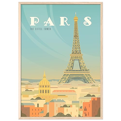 JUNOMI® Paris Poster XL, DIN A2 Wohnzimmer Deko, Modernes Wandbild, Paris Bild, Reiseposter, Paris Wandbild | Mit Rahmen Natur von JUNOMI