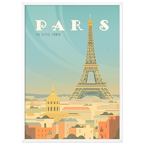 JUNOMI® Paris Poster XL, DIN A2 Wohnzimmer Deko, Modernes Wandbild, Paris Bild, Reiseposter, Paris Wandbild | Mit Rahmen Weiß von JUNOMI