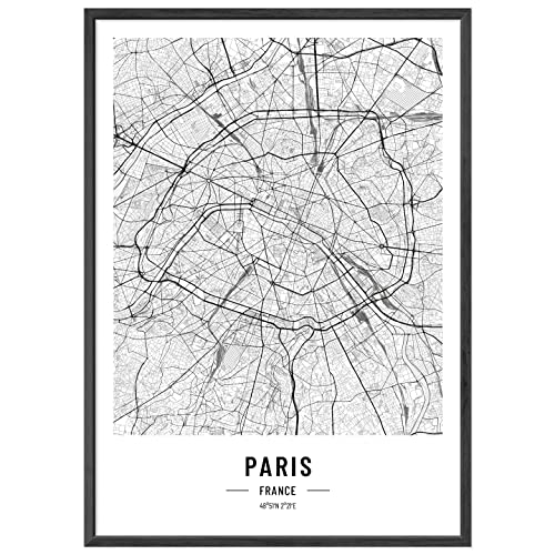 JUNOMI® Paris Poster XL Schwarz Weiss, DIN A2 Wohnzimmer Deko, Modernes Wandbild, Paris Bild, Wandbild ohne Rahmen, Stadtplan Poster Paris, perfekte Geschenkidee von JUNOMI