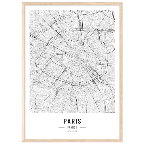 JUNOMI® Paris Poster XL mit Rahmen Natur, DIN A2 Wohnzimmer Deko, Modernes Wandbild, Paris Bild, Wandbild mit Rahmen, Stadtplan Poster Paris, perfekte Geschenkidee von JUNOMI