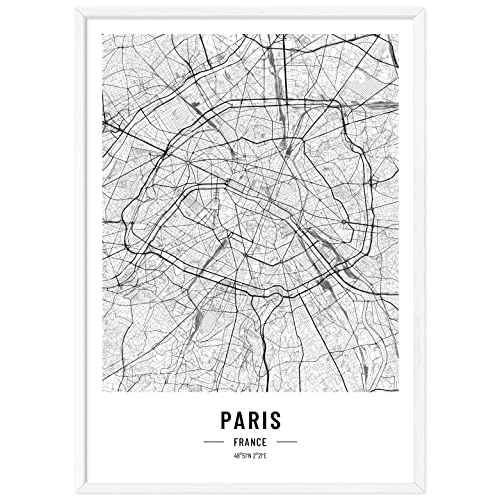 JUNOMI® Paris Poster XL mit Rahmen Weiß, DIN A2 Wohnzimmer Deko, Modernes Wandbild, Paris Bild, Wandbild mit Rahmen, Stadtplan Poster Paris, perfekte Geschenkidee von JUNOMI