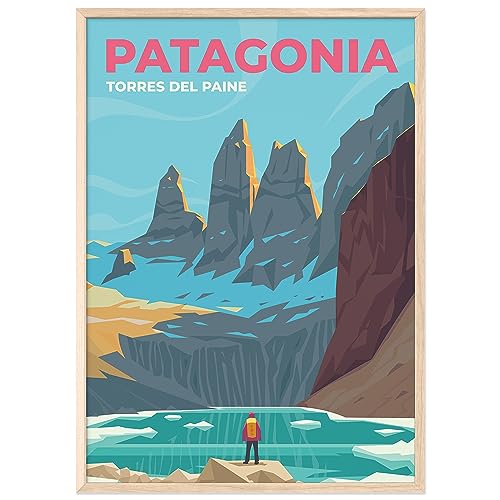 JUNOMI® Patagonien Poster DIN A2 | Wohnzimmer Deko, Modernes Wandbild, Patagonia Bild, Reiseposter, Torres del Paine, Perito Moreno | Mit Rahmen Natur von JUNOMI