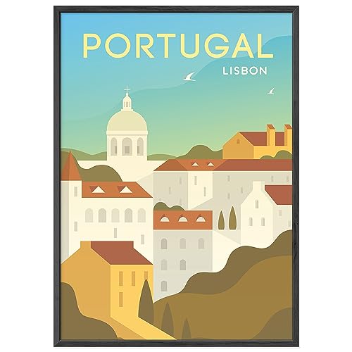 JUNOMI® Portugal Poster DIN A2 | Wohnzimmer Deko, Reiseposter, Lissabon Poster, Portugal Wandbild | Mit Rahmen Schwarz von JUNOMI