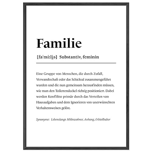JUNOMI® Poster Familie DIN A2 | Wanddeko, Geschenk Geschwister, Definitionsposter, Spruch, Lexikon | Mit Rahmen Schwarz von JUNOMI