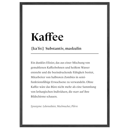 JUNOMI® Poster Kaffee Din A3 | Büro Deko, Büro Zubehör, Poster Motivation, Spruch, Lexikon | Mit Rahmen Schwarz von JUNOMI