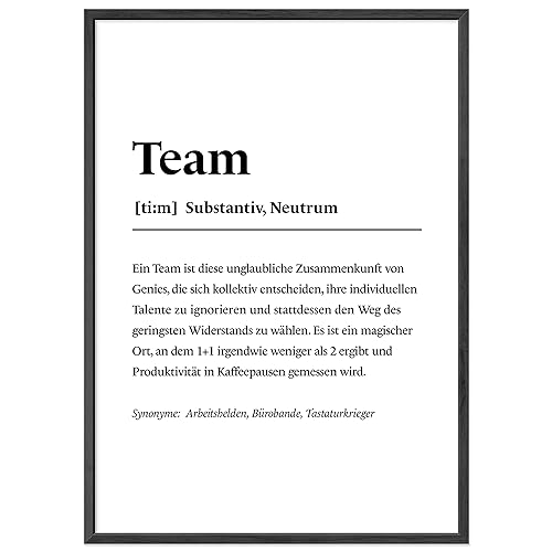 JUNOMI® Poster Team Din A2 | Büro Deko, Büro Zubehör, Poster Motivation, Spruch, Lexikon | Mit Rahmen Schwarz von JUNOMI