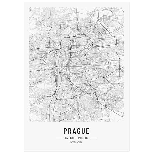 JUNOMI® Prag Poster DIN A4 Wohnzimmer Deko, Modernes Wandbild, Prag Bild, Wandbild ohne Rahmen, Stadtplan Poster Prag, perfekte Geschenkidee für Prager von JUNOMI