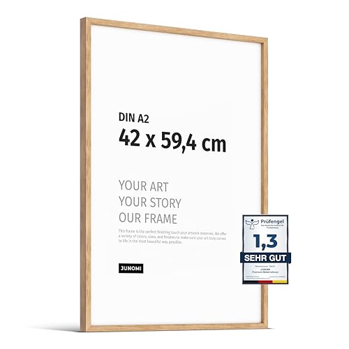 JUNOMI® Premium Bilderrahmen Eiche DIN A2 (42x59,4 cm) | Echtholz Bilderrahmen DIN A2 aus Eiche mit bruchsicherem Acryl-Glas | Eichenrahmen von JUNOMI