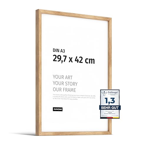 JUNOMI® Premium Bilderrahmen Eiche DIN A3 (29,7x42 cm) | Echtholz Bilderrahmen DIN A3 aus Eiche mit bruchsicherem Acryl-Glas | Eichenrahmen von JUNOMI