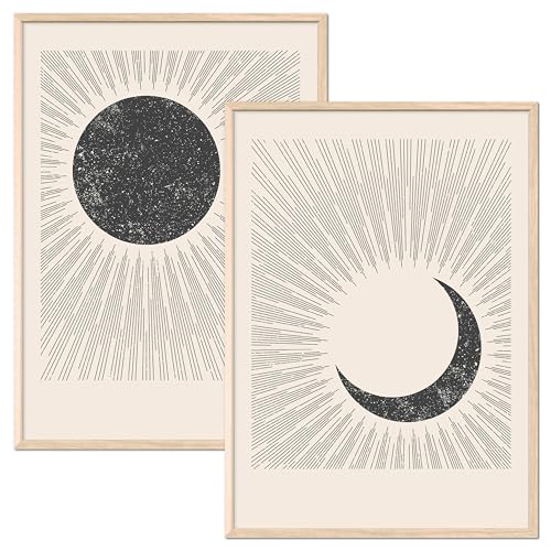 JUNOMI® Sonne und Mond Poster DIN A2, Boho Deko, Minimalistisch, Yoga Zubehör, perfekte Yoga Geschenkidee | mit Rahmen Eiche von JUNOMI