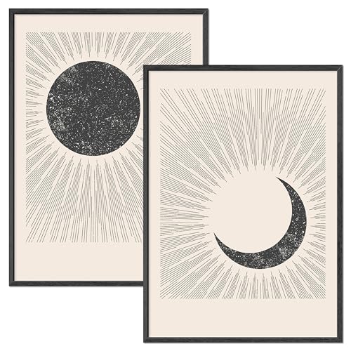 JUNOMI® Sonne und Mond Poster DIN A2, Boho Deko, Minimalistisch, Yoga Zubehör, perfekte Yoga Geschenkidee | mit Rahmen Schwarz von JUNOMI