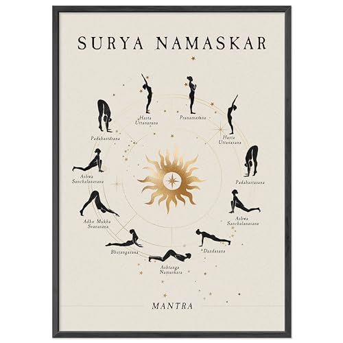 JUNOMI® Sonnengruß Poster 50x70 cm | Yoga Zubehör für Studios und Übungen Zuhause, Boho Deko, Yoga Deko, Yoga Übungen, Meditation | mit Rahmen Schwarz von JUNOMI