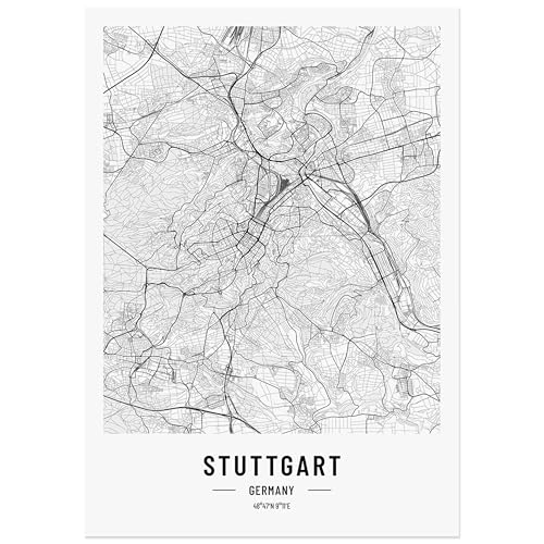 JUNOMI® Stuttgart Poster DIN A4 Wohnzimmer Deko, Modernes Wandbild, Stuttgart Bild, Wandbild ohne Rahmen, Stadtplan Poster Stuttgart, perfekte Geschenkidee für Stuttgarter von JUNOMI