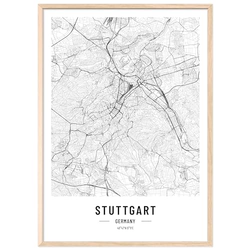 JUNOMI® Stuttgart Poster XL mit Rahmen Natur, DIN A2 Wohnzimmer Deko, Modernes Wandbild, Stuttgart Bild, Wandbild mit Rahmen, Stadtplan Poster Stuttgart, perfekte Geschenkidee für Stuttgarter von JUNOMI