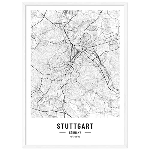 JUNOMI® Stuttgart Poster XL mit Rahmen Weiß, DIN A2 Wohnzimmer Deko, Modernes Wandbild, Stuttgart Bild, Wandbild mit Rahmen, Stadtplan Poster Stuttgart, perfekte Geschenkidee für Stuttgarter von JUNOMI