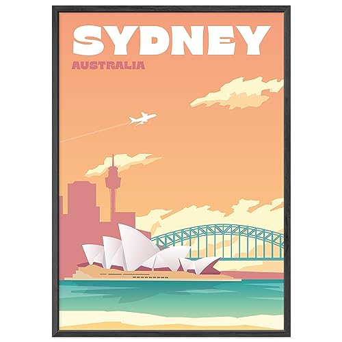 JUNOMI® Sydney Poster DIN A2 | Wohnzimmer Deko, Modernes Wandbild, Australien Bild, Reiseposter, Sydney Wandbild | Mit Rahmen Schwarz von JUNOMI