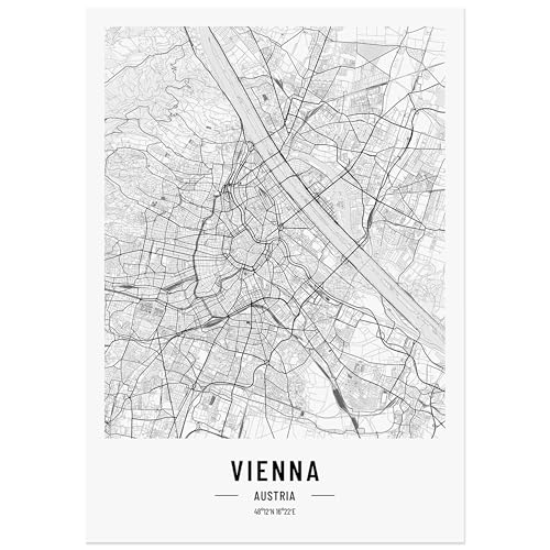 JUNOMI® Wien Poster 50x70 cm Wohnzimmer Deko, Modernes Wandbild, Wien Bild, Wandbild ohne Rahmen, Stadtplan Poster Wien, perfekte Geschenkidee für Wiener von JUNOMI