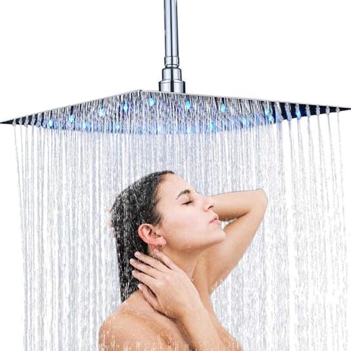 Großer Regen-Duschkopf Regendusche Ultradünn Edelstahl 304 mit Anti-Kalk-Düsen LED 3 farben platz 16 Zoll Regenbrause Kopfbrause Duschbrause für optimalen Wasserdruck (auch niedrig) Chrom gebürstet von JUNSOTTOR