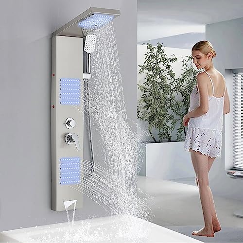 Duschpaneel mit armatur Regendusche DuschsäUle Badewannenarmatur Duschsystem Duschset Duschamaturenset Gebürstetes Nickel LED Edelstahl 304 mit 4 Duschfunktionen von JUNSOTTOR