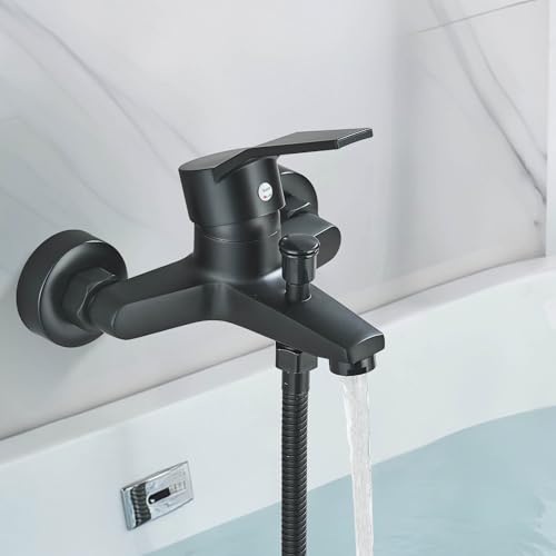 JUNSOTTOR Badewannenarmatur Schwarz Matt Aufputz - Mischbatterie für Badewanne & Dusche mit 1/2" Brauseabgang - Einhebel Armatur zur Wandmontage von JUNSOTTOR