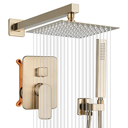 JUNSOTTOR Duschsystem Unterputz Duscharmatur Set Gebürstetes Gold 12 Zoll Dusche Regendusche Set mit Kopfbrause Handbrause 2 Funktionen Messing für Badewannen von JUNSOTTOR