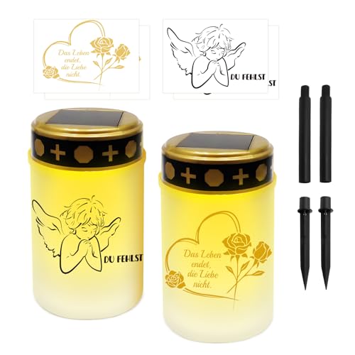 JUNUNDJING 2 Solar LED Grablicht Trauerkerzen Mit 4 Stück Aufkleber (2 Sorten Motiv), Grablicht Solar LED Friedhofskerzen IP55 Wetterfest Mit 2 Erdspießen 2 Verlängerungen und Dämmerungssensor, Weiß von JUNUNDJING