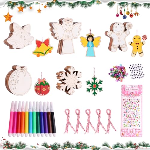 JUNUNDJING 213 Stück Holzanhänger zum Bemalen Weihnachten, Weihnachtsbaum Deko Holz,Weihnachtsdeko Weihnachtsbaum Deko Basteln Bastelset Holzanhänger Weihnachten Kinder Weihnachtsbaumschmuck Holz Deko von JUNUNDJING