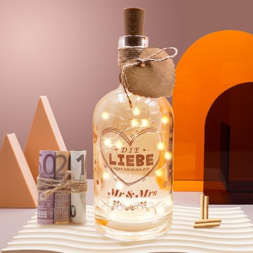 JUNUNDJING LED Flaschenlicht, Hochzeitsgeschenke für Brautpaar, Hochzeitsgeschenk Geld Spardose Hochzeit Geldgeschenk Hochzeitsgeschenke Geldgeschenke Hochzeit für Brautpaar Und Schätzchen (Mr & Mrs) von JUNUNDJING