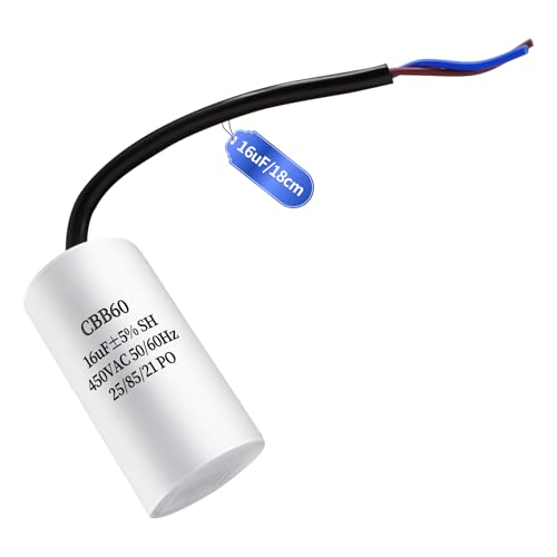 JUNUNDJING CBB60 450V 16uF 50/60HZ Anlaufkondensator Mit 18cm Verlängern Draht, Motorbetriebskondensator, AC Motorkondensator, für Haushaltsgeräte wie Elektromotoren und Klimaanlagen usw von JUNUNDJING