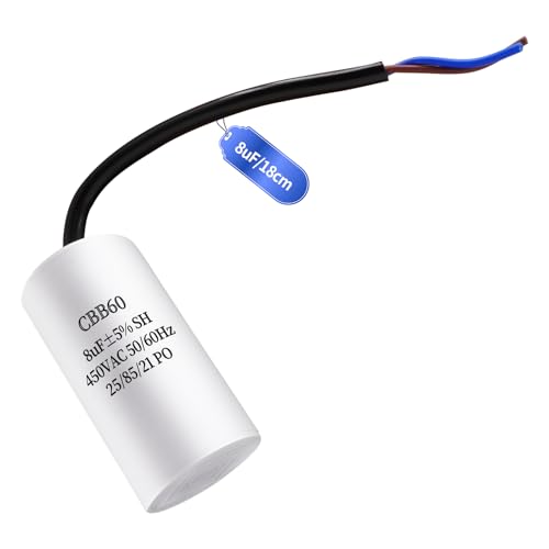 JUNUNDJING CBB60 450V 8uF 50/60HZ Anlaufkondensator Mit 18cm Verlängern Draht, Motorbetriebskondensator, AC Motorkondensator, für Haushaltsgeräte wie Elektromotoren und Klimaanlagen usw von JUNUNDJING