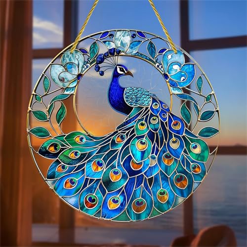 JUNWALL Pfau Acryl-Fensterbehang, blauer Pfau, gebeiztes Acryl, Fensterdekoration, hängende Ornamente, Innen- und Außenbereich, Garten, gebeizte Kunst, Panel, Geschenk für Frauen, Weihnachten, JUNWALL Pfau Acryl-Fensterbehang, blauer Pfau, gebeiztes Acryl, Fensterdekoration, hängende Ornamente, Innen- und Außenbereich, Garten, gebeizte Kunst, Panel, Geschenk für Frauen, Weihnachten, von JUNWALL