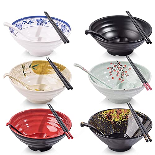 JUNYFFF 6 Stück Japanische Ramen Schüssel Set, Füllmenge 1050 Ml Premium rutschfeste Suppe Schale Mit Löffel Und Essstäbchen, Multifunktional Müslischale Für Pasta Obst Nudel Salat,6Set (18 Stück),C von JUNYFFF