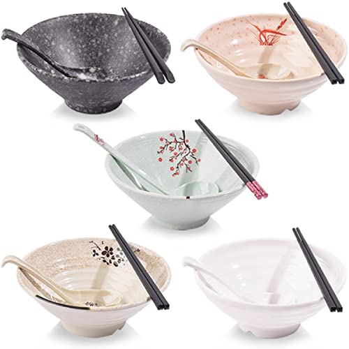 JUNYFFF 6 Stück Japanische Ramen Schüssel Set, Füllmenge 1050 Ml Premium rutschfeste Suppe Schale Mit Löffel Und Essstäbchen, Multifunktional Müslischale Für Pasta Obst Nudel Salat,6Set (18 Stück),A von JUNYFFF
