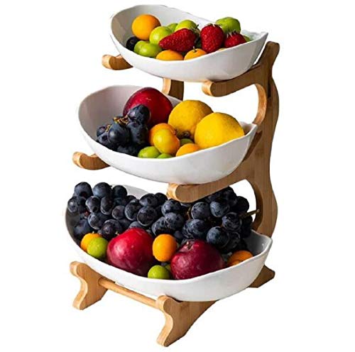 WYFFF Obstkorb Früchtekorb, 3-Stufige Obstschale (Regal Aus Bambus Und Holz * 1, Keramikschale * 3), Creative Arbeitsplatte Keramik Obst Etagere, Tischdekoration Obstkorb, Für Obst,Brot, Snacks,Weiß von JUNYFFF